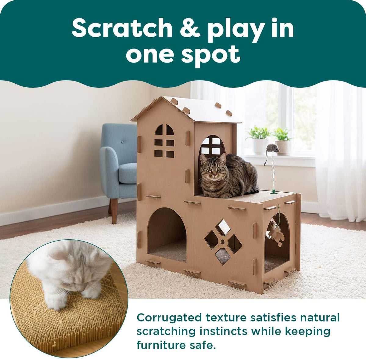 Multi-Level Cardboard Cat House for Indoor Cats with Catnip and Toys - Double-Walled Corrugated Scratcher for Lounging, Play, and Comfort - Brown