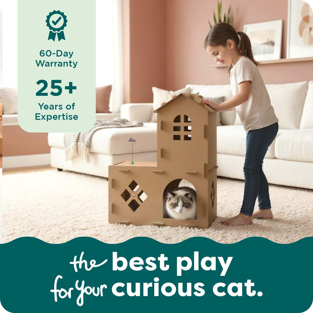 Multi-Level Cardboard Cat House for Indoor Cats with Catnip and Toys - Double-Walled Corrugated Scratcher for Lounging, Play, and Comfort - Brown