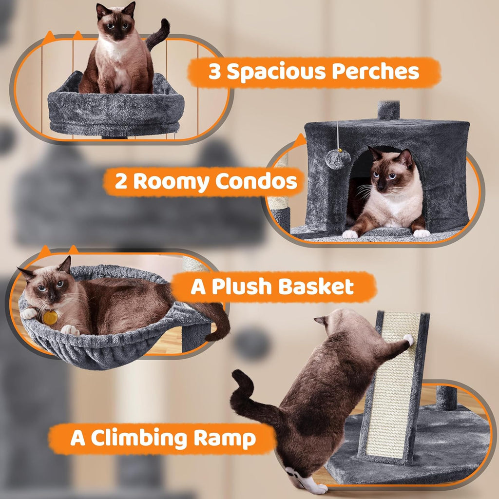 69-Inch Cat Tree Tower with Two Condos, Scratching Posts, and Cat-Ear Perches