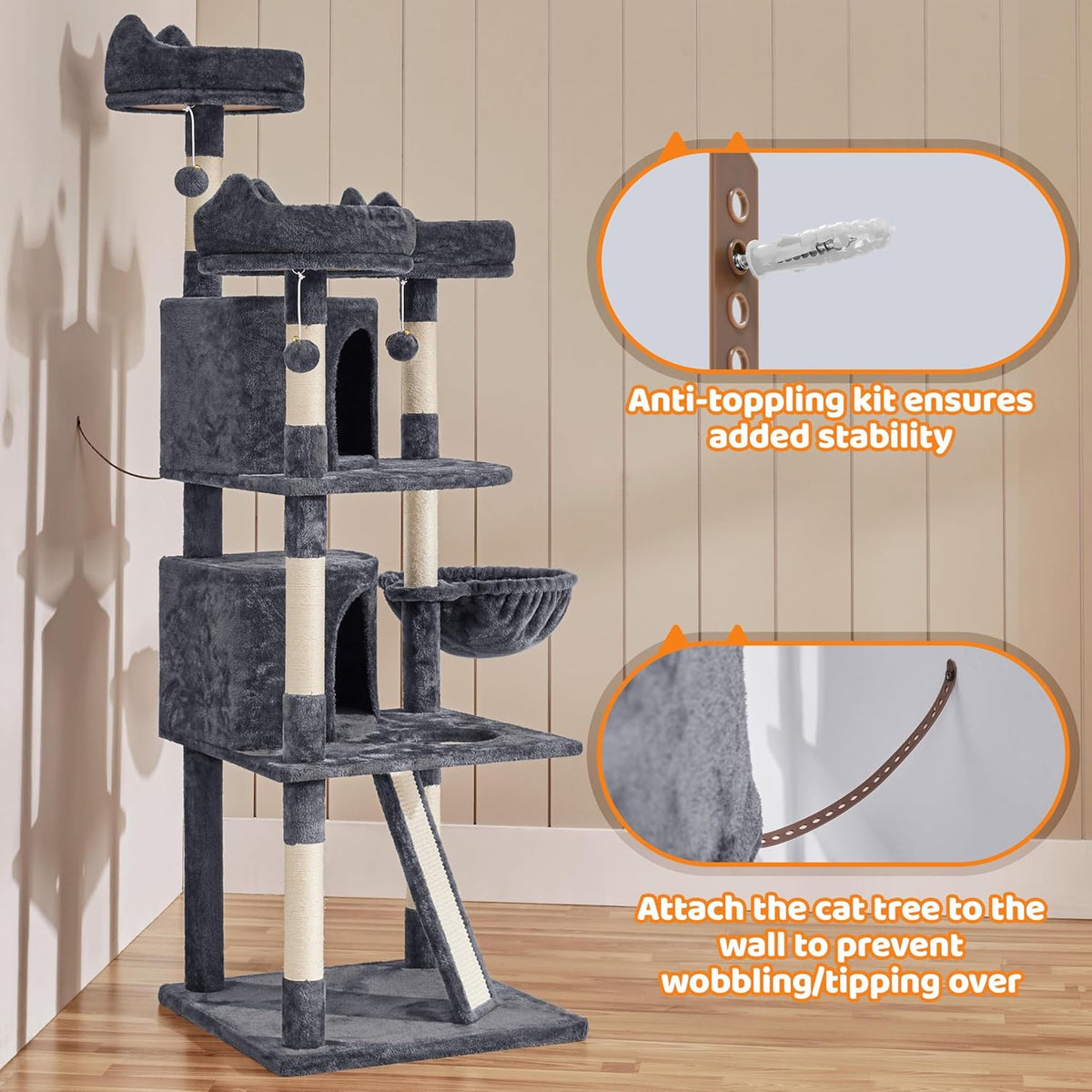 69-Inch Cat Tree Tower with Two Condos, Scratching Posts, and Cat-Ear Perches