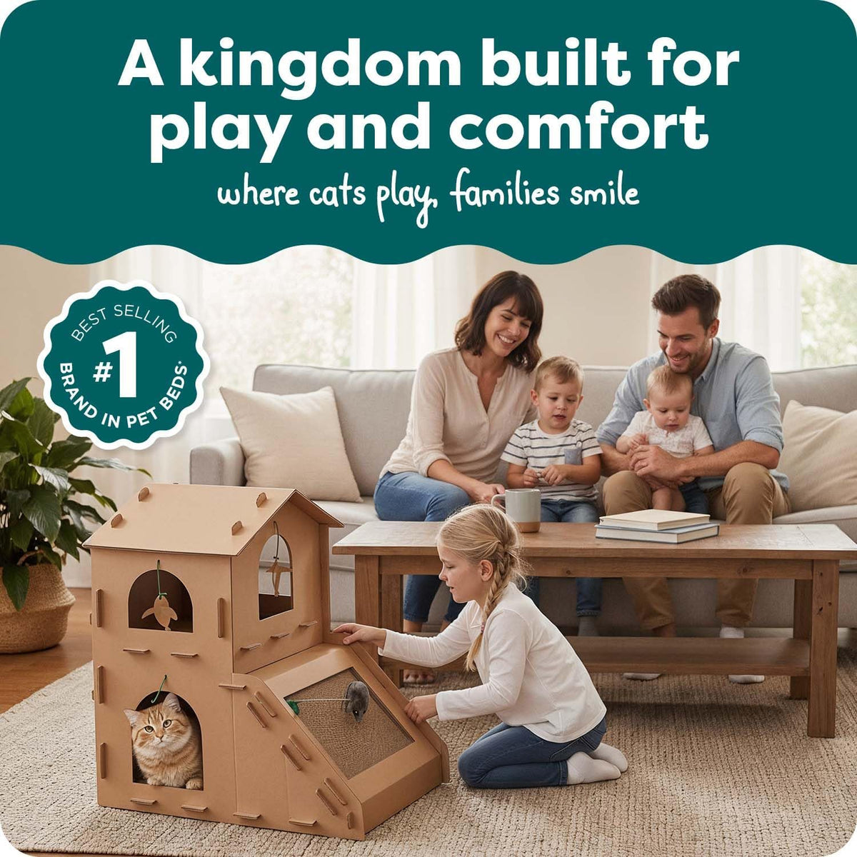 Multi-Level Cardboard Cat House for Indoor Cats with Catnip and Toys - Double-Walled Corrugated Scratcher for Lounging, Play, and Comfort - Brown
