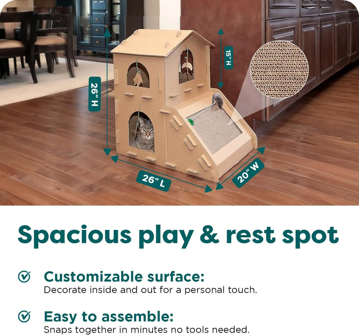 Multi-Level Cardboard Cat House for Indoor Cats with Catnip and Toys - Double-Walled Corrugated Scratcher for Lounging, Play, and Comfort - Brown
