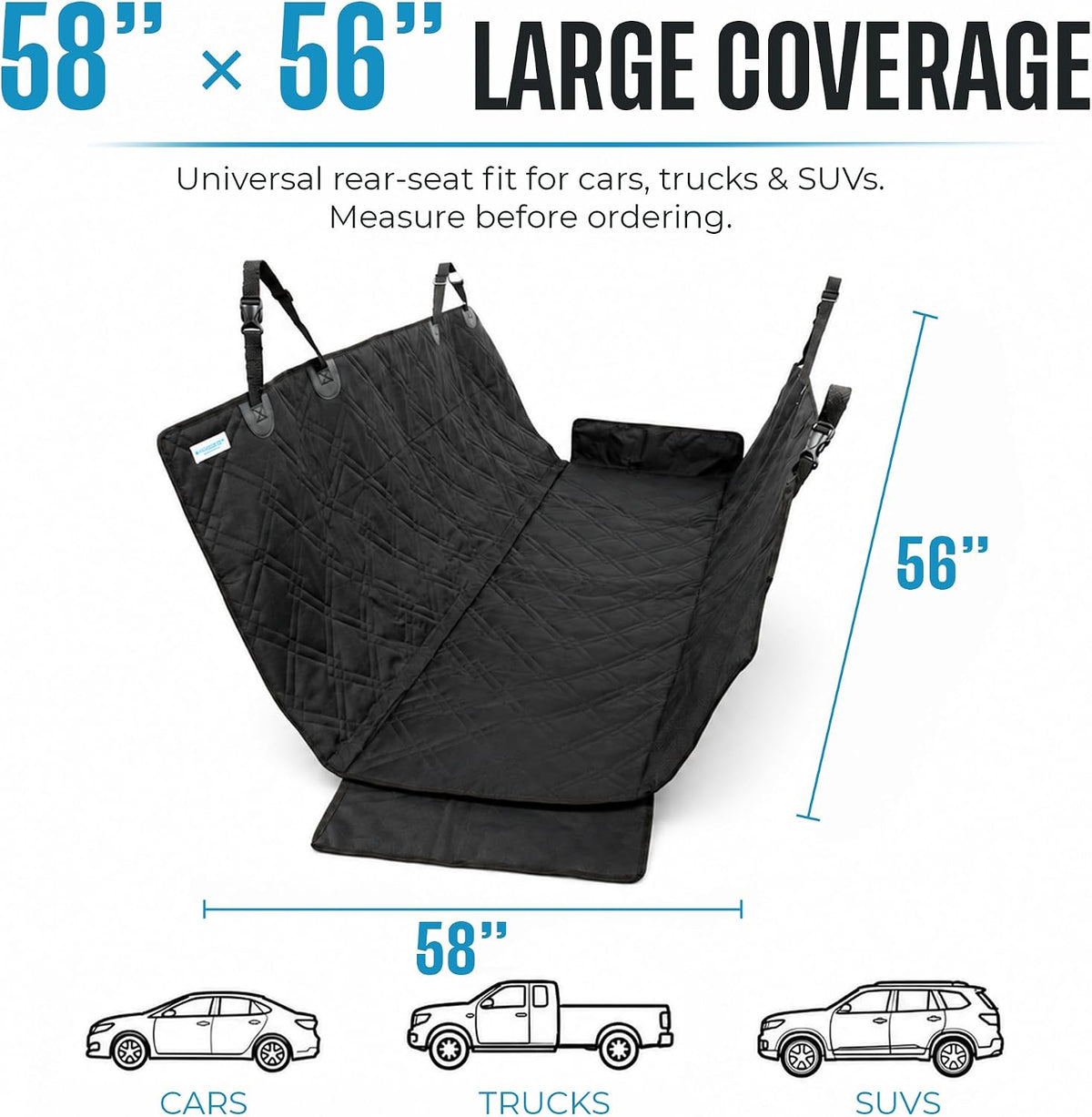Bulldogology Waterproof Dog Car Seat Cover for Back Seat - 58" x 56" SUV & Truck Protector, Hammock Style