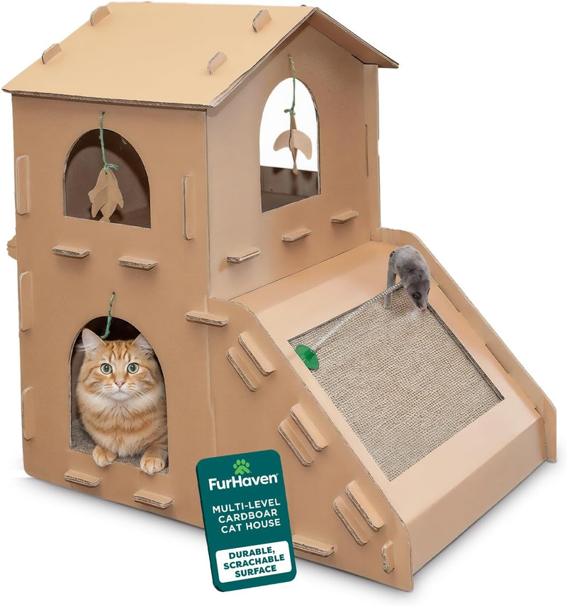 Multi-Level Cardboard Cat House for Indoor Cats with Catnip and Toys - Double-Walled Corrugated Scratcher for Lounging, Play, and Comfort - Brown
