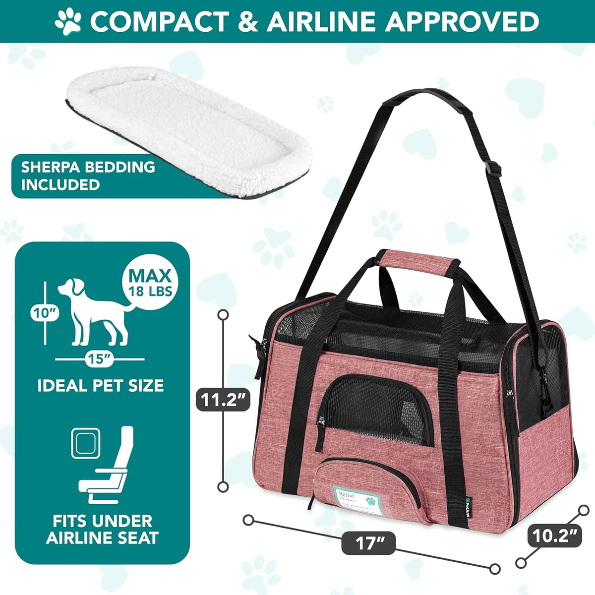 Airline-Approved Pet Carrier for Small Cats and Dogs in Heather White and Red