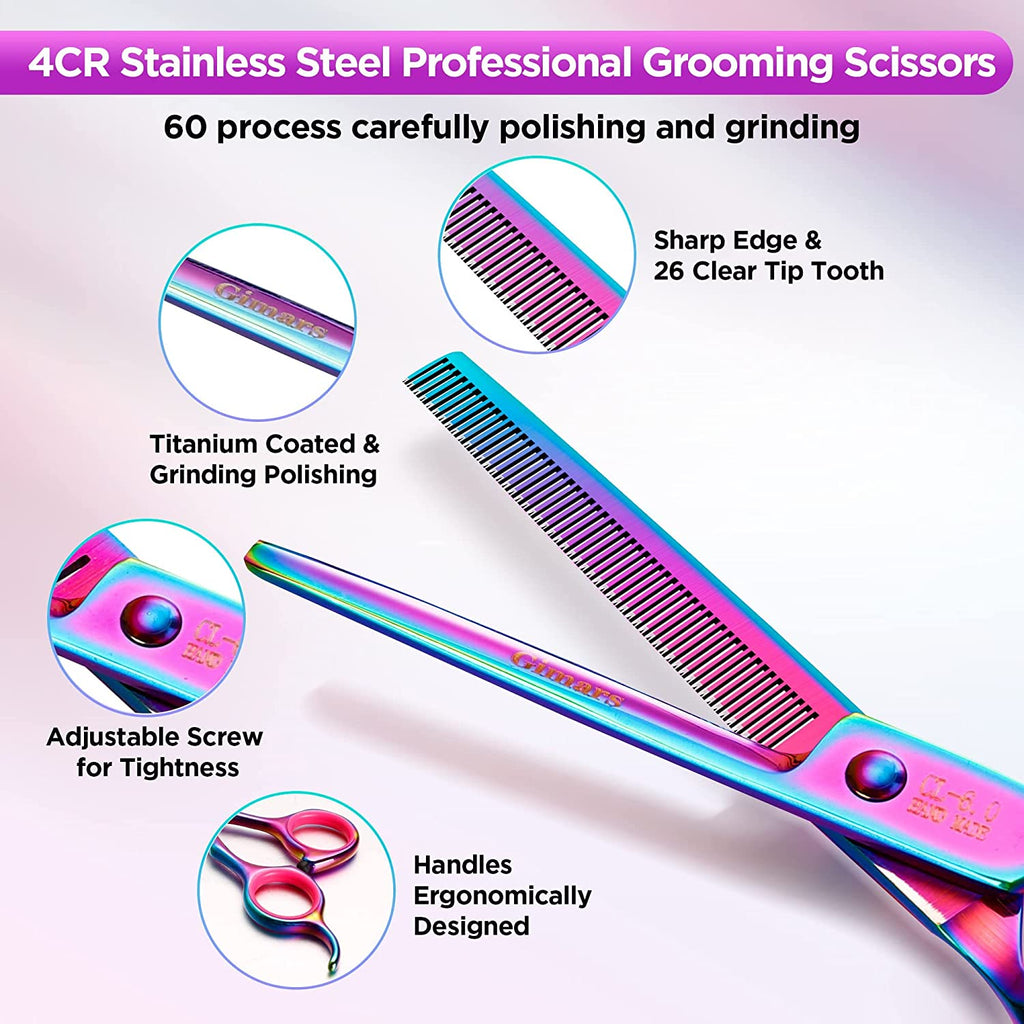 Professional 6-in-1 Stainless Steel Grooming Scissors for Dogs and Cats with Safety Round Tip and Heavy-Duty Titanium Coating