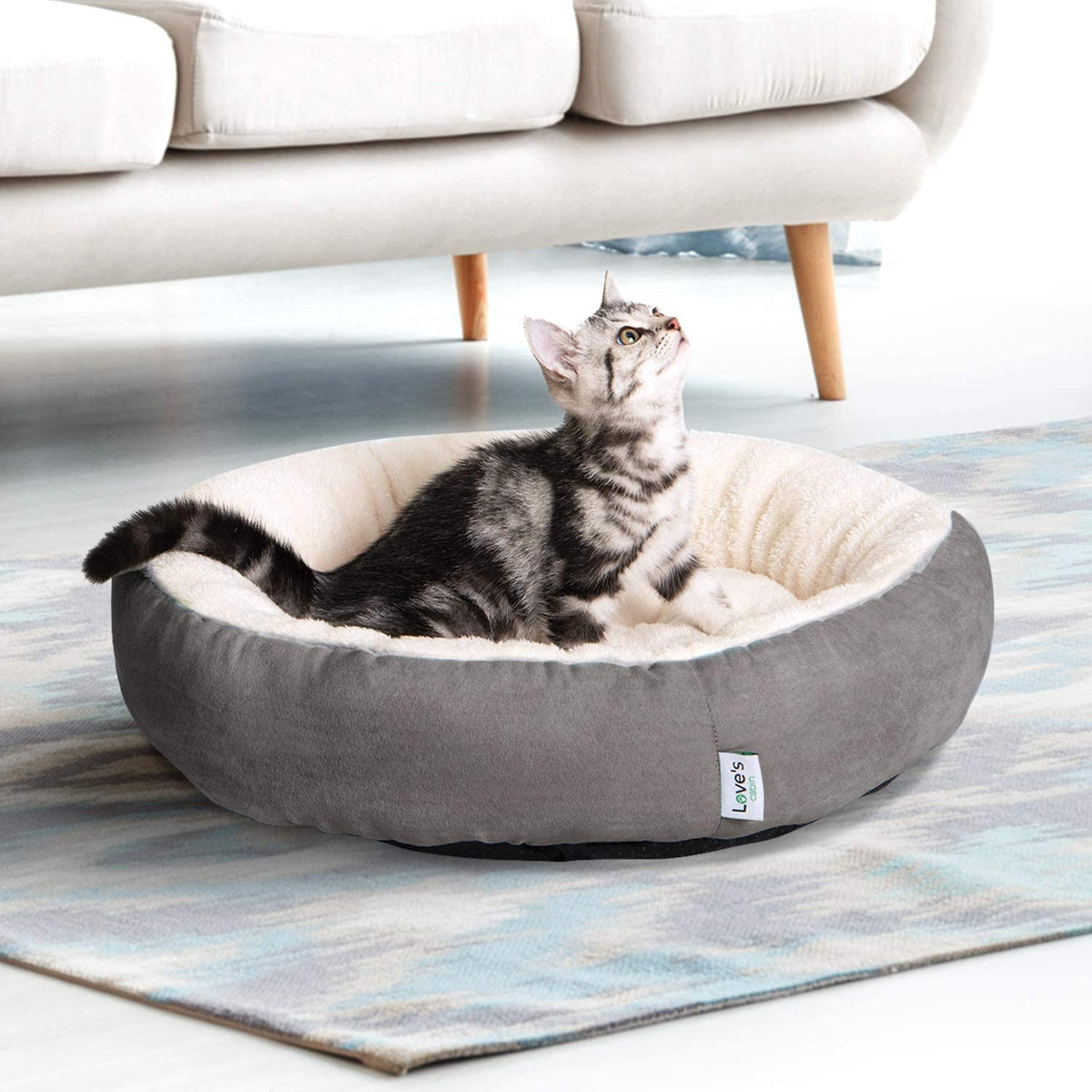 Luxurious Round Donut Pet Bed for Cats and Small Dogs - 20-Inch Anti-Slip & Water-Resistant Cushion, Soft Durable Fabric in Gray