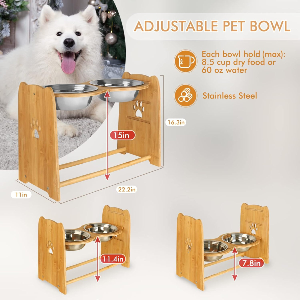 Adjustable Bamboo Elevated Dog and Cat Bowls with Stainless Steel Anti-Slip Feet, Height Range 7.9" to 15