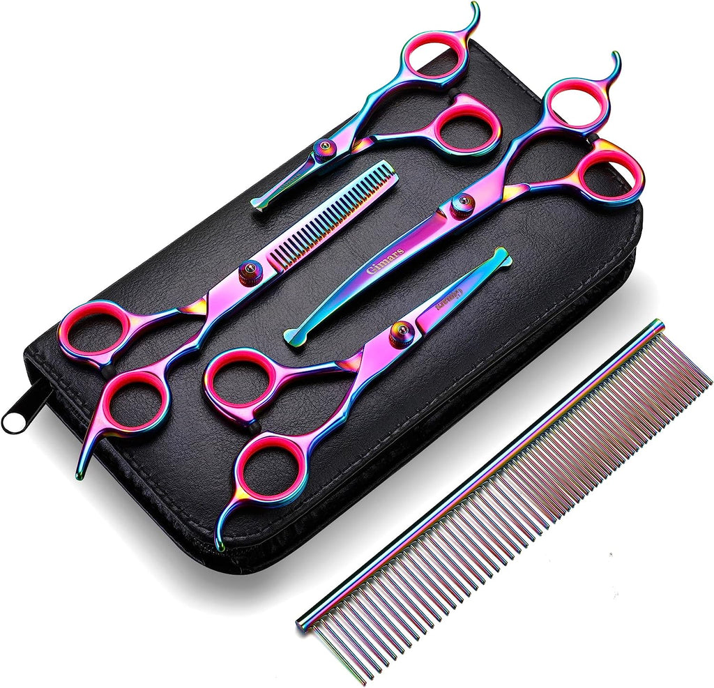 Professional 6-in-1 Stainless Steel Grooming Scissors for Dogs and Cats with Safety Round Tip and Heavy-Duty Titanium Coating