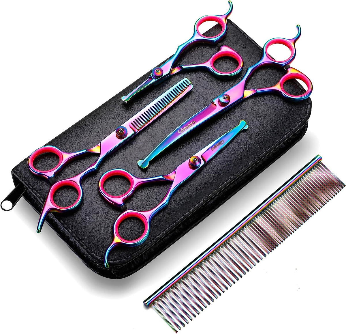 Professional 6-in-1 Stainless Steel Grooming Scissors for Dogs and Cats with Safety Round Tip and Heavy-Duty Titanium Coating