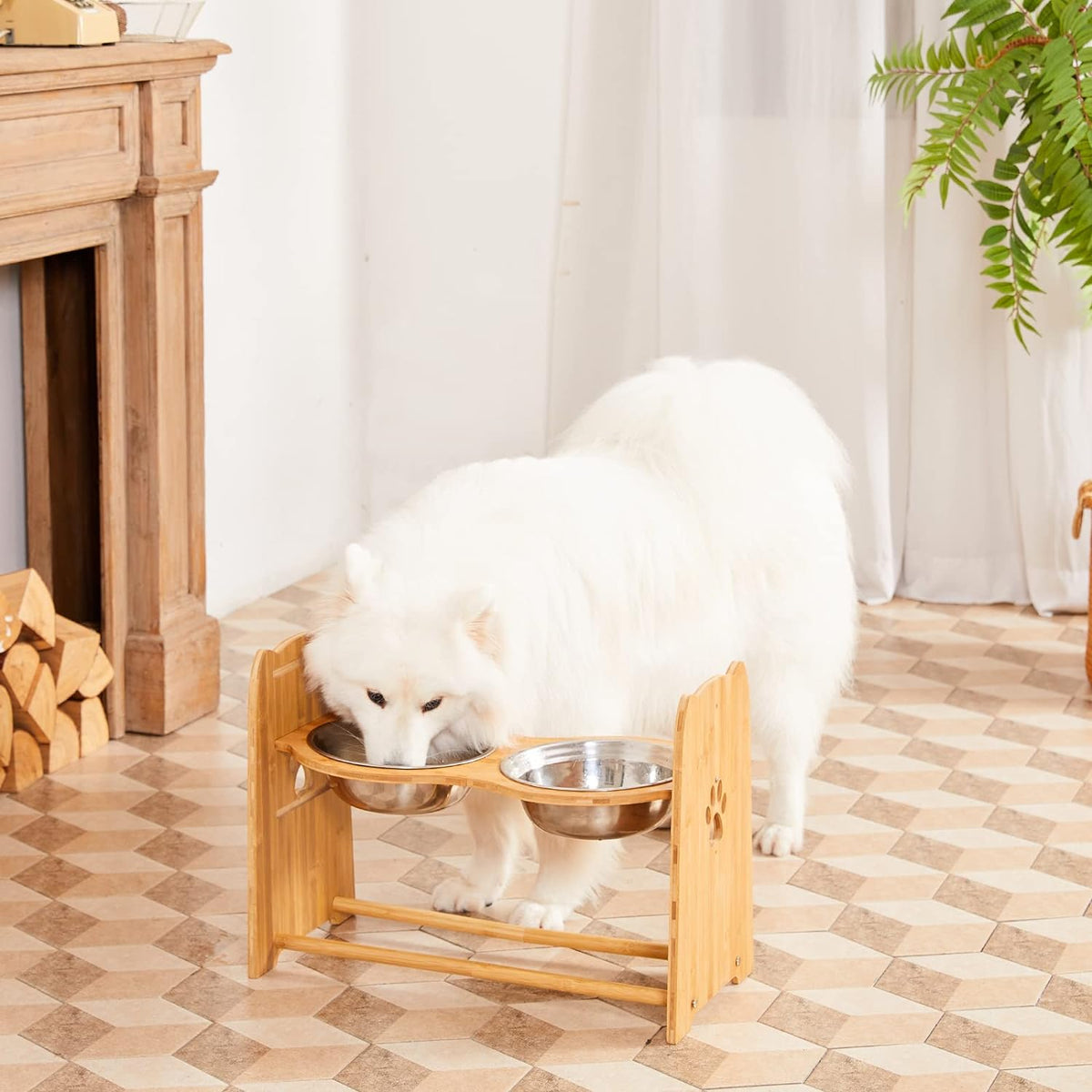 Adjustable Bamboo Elevated Dog and Cat Bowls with Stainless Steel Anti-Slip Feet, Height Range 7.9" to 15