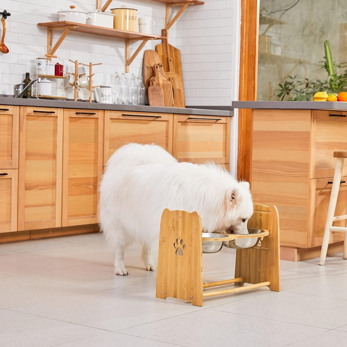 Adjustable Bamboo Elevated Dog and Cat Bowls with Stainless Steel Anti-Slip Feet, Height Range 7.9" to 15