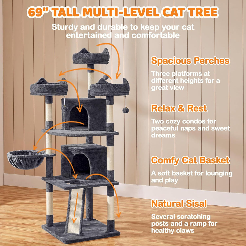 69-Inch Cat Tree Tower with Two Condos, Scratching Posts, and Cat-Ear Perches