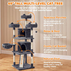 69-Inch Cat Tree Tower with Two Condos, Scratching Posts, and Cat-Ear Perches