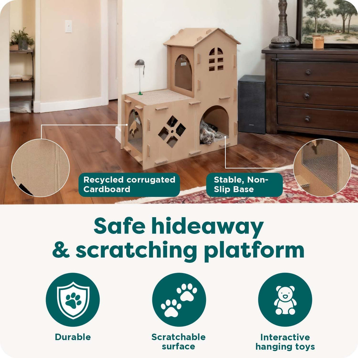Multi-Level Cardboard Cat House for Indoor Cats with Catnip and Toys - Double-Walled Corrugated Scratcher for Lounging, Play, and Comfort - Brown