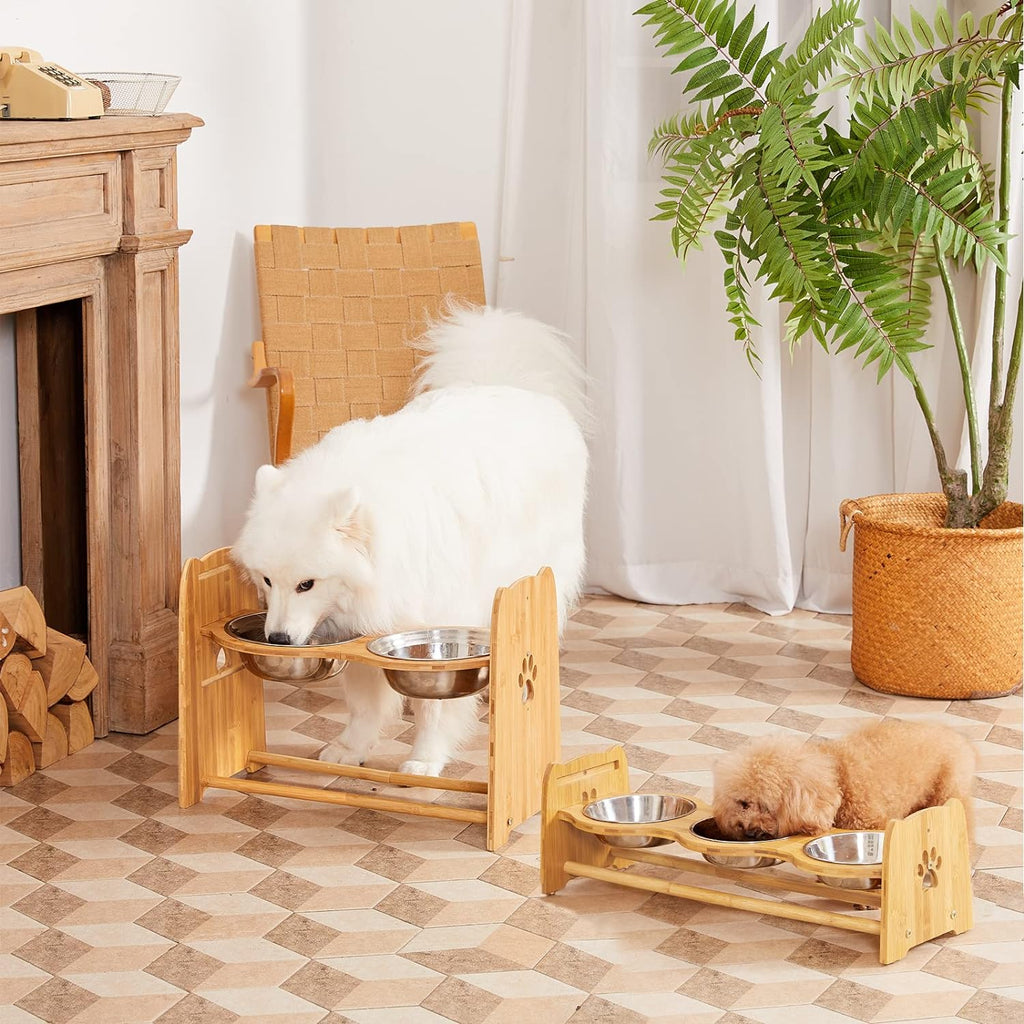 Adjustable Bamboo Elevated Dog and Cat Bowls with Stainless Steel Anti-Slip Feet, Height Range 7.9" to 15