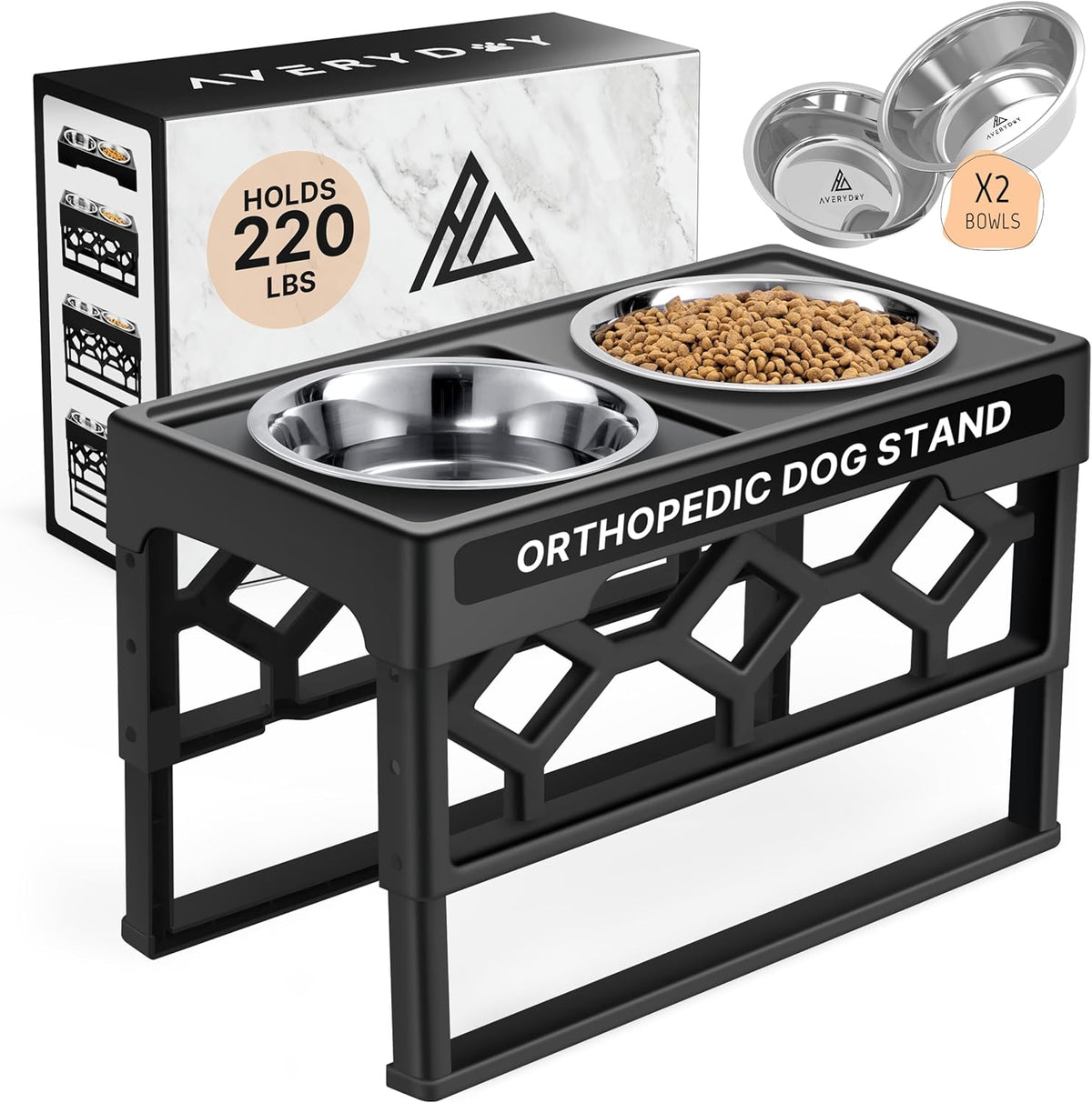 Adjustable Elevated Dog Bowls with Anti-Slip Base, Includes 2 Stainless Steel Bowls for Medium and Large Dogs