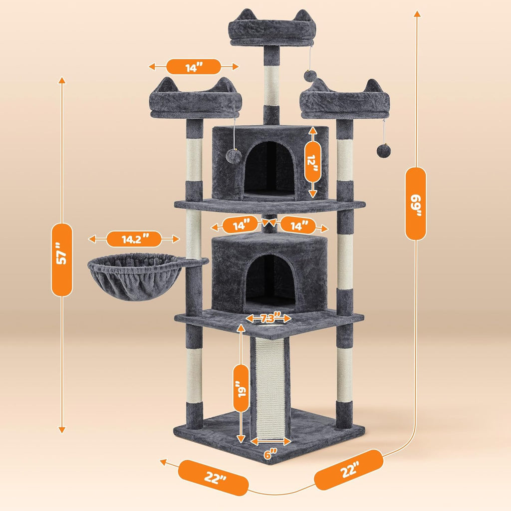 69-Inch Cat Tree Tower with Two Condos, Scratching Posts, and Cat-Ear Perches