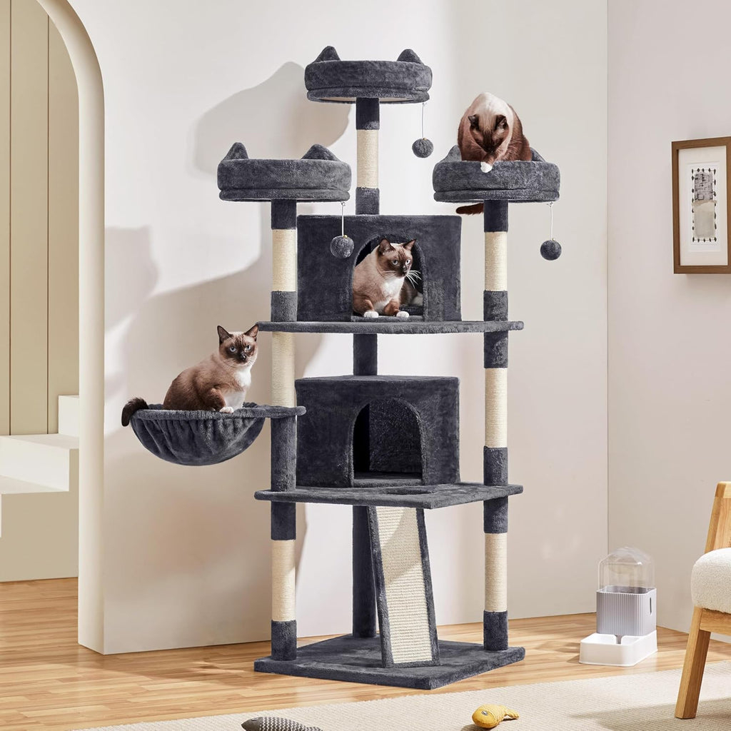 69-Inch Cat Tree Tower with Two Condos, Scratching Posts, and Cat-Ear Perches