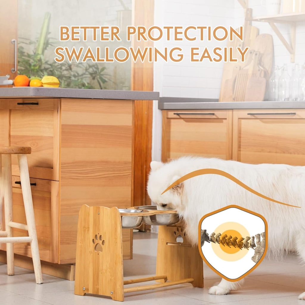 Adjustable Bamboo Elevated Dog and Cat Bowls with Stainless Steel Anti-Slip Feet, Height Range 7.9" to 15