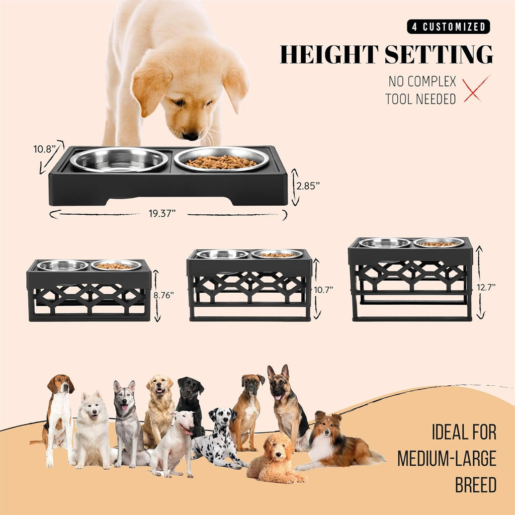 Adjustable Elevated Dog Bowls with Anti-Slip Base, Includes 2 Stainless Steel Bowls for Medium and Large Dogs